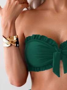 SHEIN Swim Women's Summer Beach Solid Color Ruffle Trim Bandeau Bikini Set With Front Knot, Two Pieces Swimwear Black Bathing Suits - Olive Green - View 4
