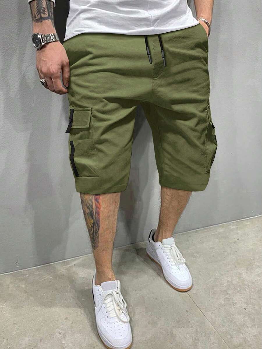 Manfinity Homme Loose Fit Men's Flap Pocket Drawstring Waist Cargo Shorts - Army Green - View 1