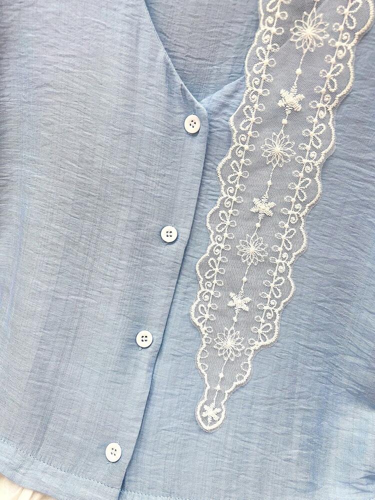 SHEIN Unity Chiffon Panel Hem Short Sleeve Shirt With Flounce - Blue and White - View 6