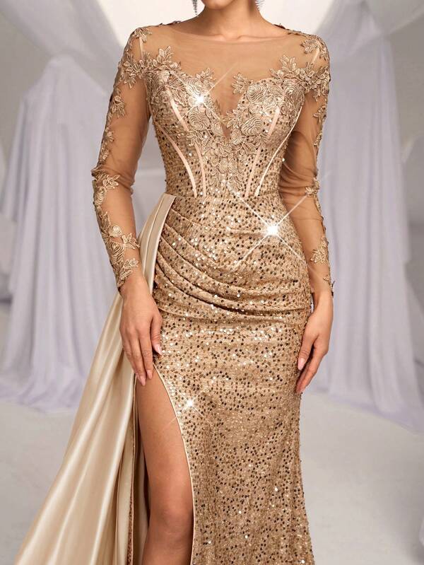 Glamrae Elegante y lujoso vestido con cola de pez, con abertura lateral, con parches de encaje, satín y lentejuelas bordadas, con volantes, adecuado para bodas, fiestas, eventos y banquetes (versión resistente), formal, vestido de noche, para invitados de boda