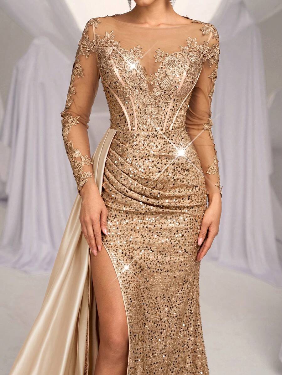 Glamrae Elegante y lujoso vestido con cola de pez, con abertura lateral, con parches de encaje, satín y lentejuelas bordadas, con volantes, adecuado para bodas, fiestas, eventos y banquetes (versión resistente), formal, vestido de noche, para invitados de boda