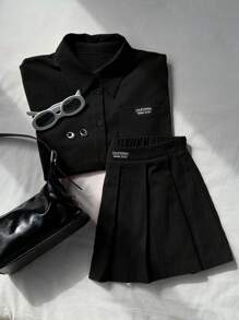 Comfortcana 女士休闲字母贴片短袖衬衫和短裤两件套，黑色，夏季 - 黑色 - 查看 4