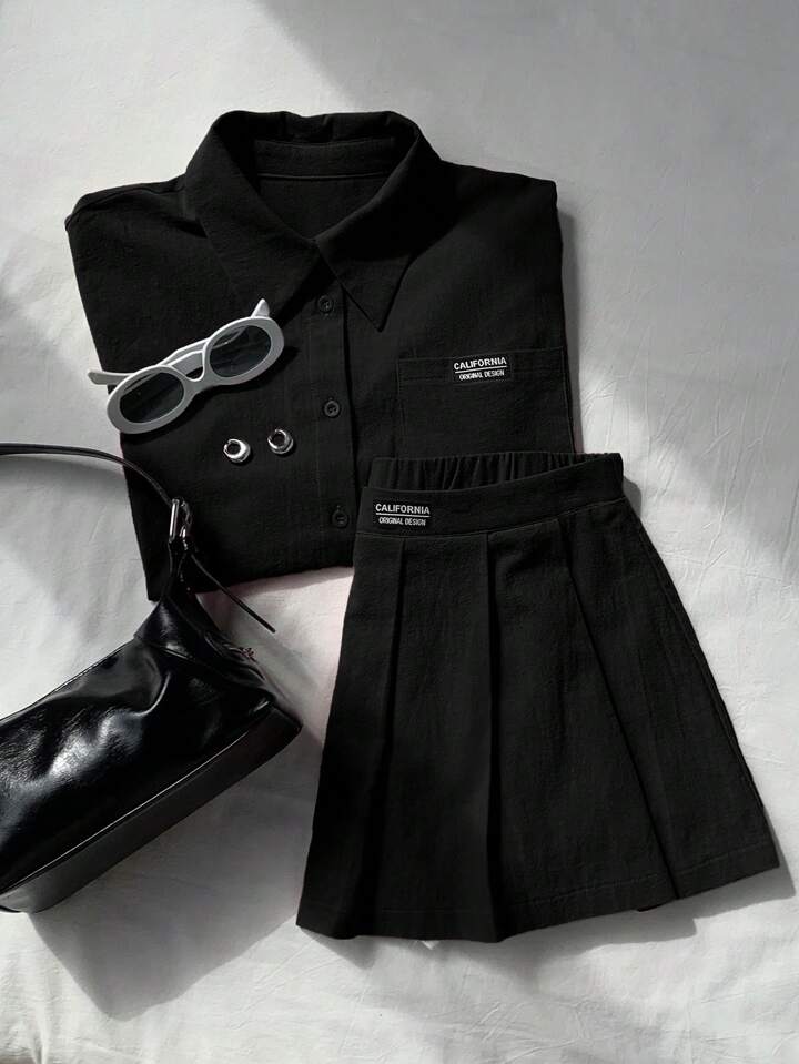 Comfortcana Women's Casual Letter Patch Short Sleeve Shirt & Shorts 2Pcs Set, Black, Summer