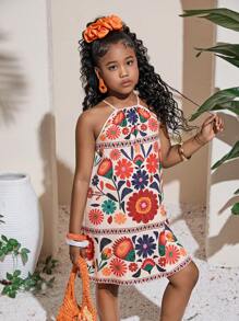 SHEIN 少女编织碎花图案无袖直筒连衣裙 - 彩色 - 查看 4