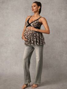 MaterniChic Umstandsmode Sommer Leoprint Patchwork Spitzen Trägerhemd