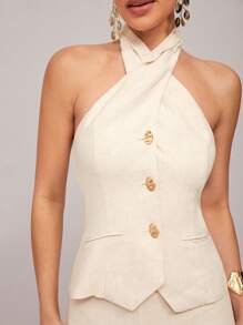 Silquee Premium Quality Summer Solid Beige Linen Halter Neck Metal Buckle Decorated Top + Trousers, Elegant Commuting Sexy Office Ladies Daily Two-Piece Clothing, Suitable For Daily Outings, Office Wear, Girlfriends Dating