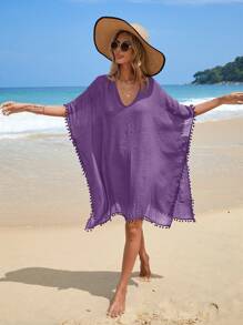 Swim Vcay Women's Summer Vacation Tassel Trim Cover Up Dress - Purple - View 3