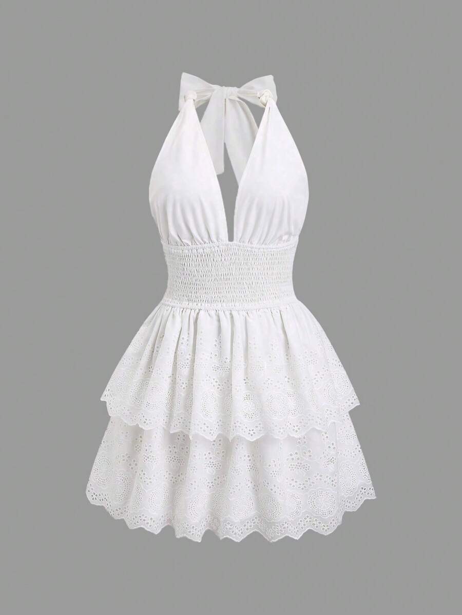 Sweetra French Vacation Style Plunging Neck Tie Up Waist Embroidery Ruffle Hem Mini Dress For Women - White - View 1