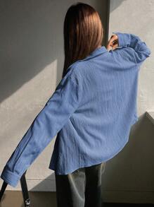 DAZY 女士长袖宽松休闲纯色衬衫，秋装 - 藍色 - 查看 3