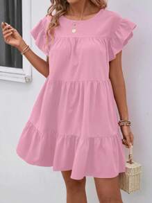 Breezaya Đầm babydoll rộng rãi cổ tròn màu trơn mùa hè cho nữ có viền bèo nhún trang phục đi biển - Hồng - Xem 4