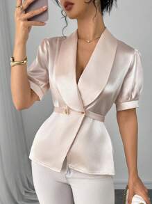 SHEIN Clasi Blus Elegan Wanita Warna Polos dengan Kerah Berkerut dan Lengan Pendek Mengembang - Aprikot - View 1