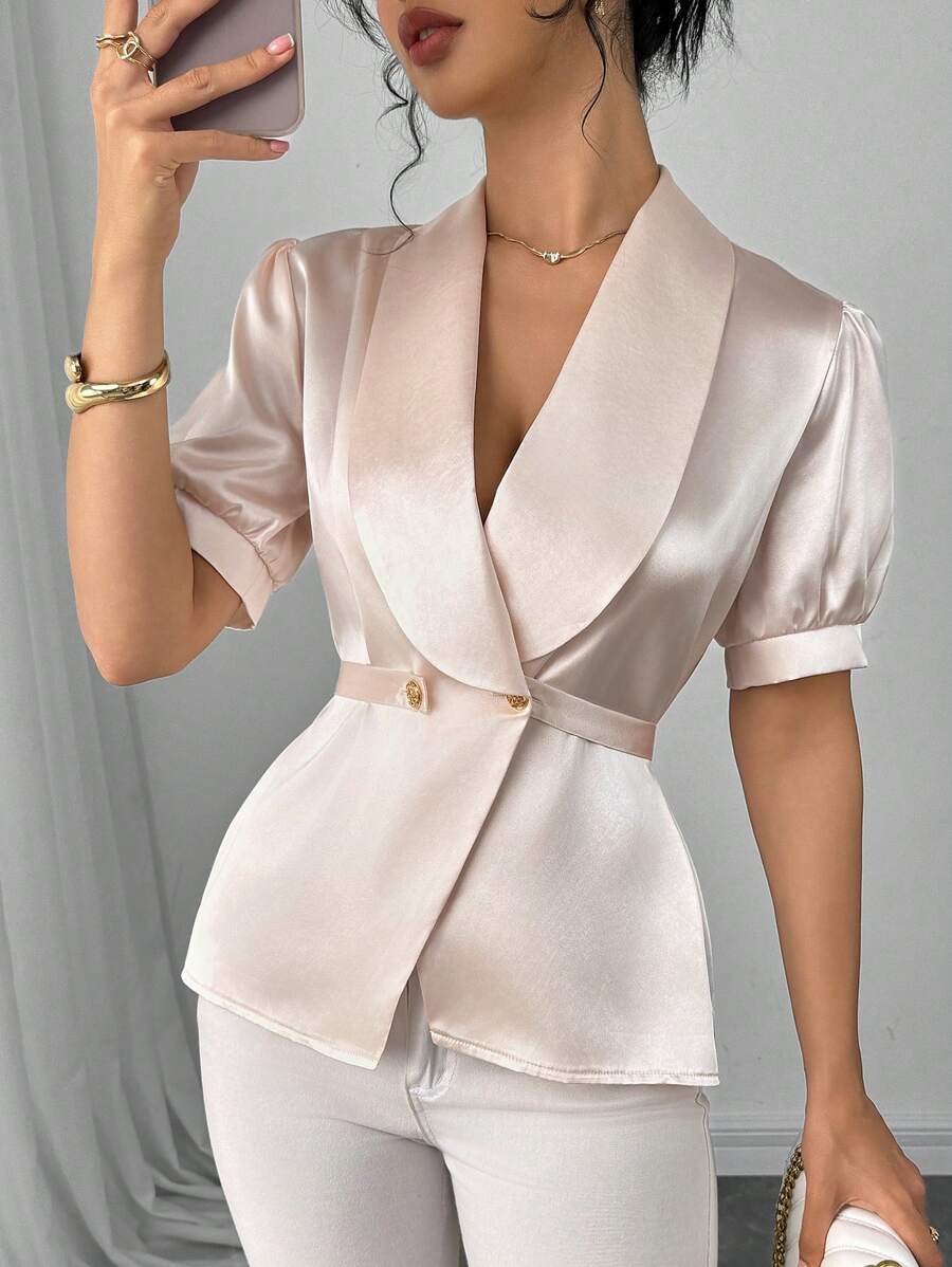 SHEIN Clasi Blus Elegan Wanita Warna Polos dengan Kerah Berkerut dan Lengan Pendek Mengembang - Aprikot - View 1