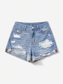 SHEIN EZwear 女性偏乾磨邊牛仔短褲，帶破洞口袋 - 淺色水洗藍 - 查看 3