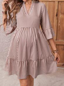 SHEIN Women 3/4 Sleeve Stand Collar Striped Shirt Dress Maternity Dress - Brown - View 6