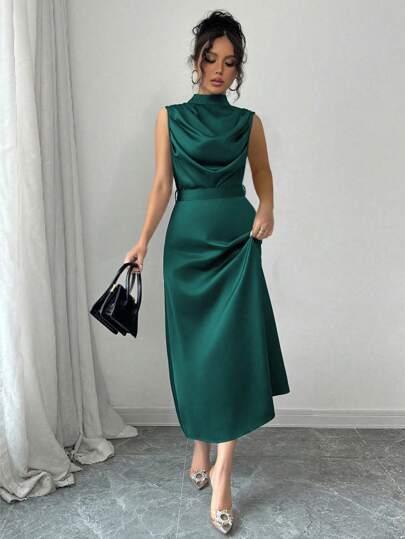 Elenzga Vestido de mujer elegante de color verde con cuello alto plisado, sin mangas, cintura ceñida y falda acampanada, para primavera/verano