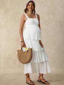 SHEIN Pregnant Women's Summer Holiday Solid Color Ruffled Hem Spaghetti Strap Dress Wedding Guest Dress Vacation Outfits  Birthday Dresses For Maternity White Maternity Dress - White - View 3