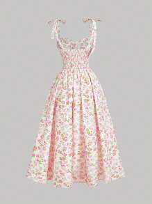 SHEIN MOD 女士花卉印花吊带系带夏季茶会连衣裙、春季花卉印花长裙、度假连衣裙、节日连衣裙、乡村服装、海滩度假装、波西米亚风女装、女士生日服装、春夏连衣裙、早午餐服装 - 玫紅色 - 查看 2