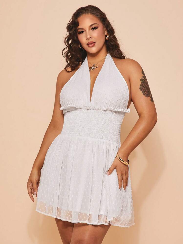 SHEIN BAE Plus Size Women Shirred Halter Tie Polka Dot Mesh A-Line Short Dress, Mini Party Dress, Elegant Dress, French Dress, Evening Gown, Birthday Dress, Bridesmaid Dress, Simple Graceful Daily Dress, Wedding Guest Dress, Cocktail Dress,Sexy Dresses For Women,Elegant Dress,Ruffle Skirt,Rave Outfits Festival,Festival Outfits,Going Out Tops Women,Birthday Dresses For Women,Dresses For Women Elegant,Graduation Dresses For Women,Summer Dresses For Women - White - View 6