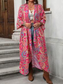 SHEIN LUNE Plus Size Women Retro Print Long Coat, Summer Beach , Tropical Printed Simple Daily Retro Printed Long Beach Coat , Mother Day - Multicolor - View 5