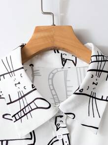 EMERY ROSE Plus Size Cat Print Button-Up Long Sleeve Casual Shirt - Black and White - View 4