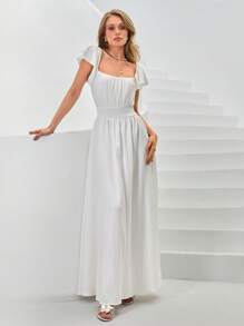 CLARA VERO Vestido de cintura ajustada con mangas de mariposa y hombros descubiertos para mujer con dobladillo fluido, ideal para vacaciones románticas