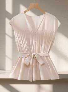 SHEIN Clasi Blusa sin mangas de cintura fruncida con abertura delantera, ropa de oficina/trabajo