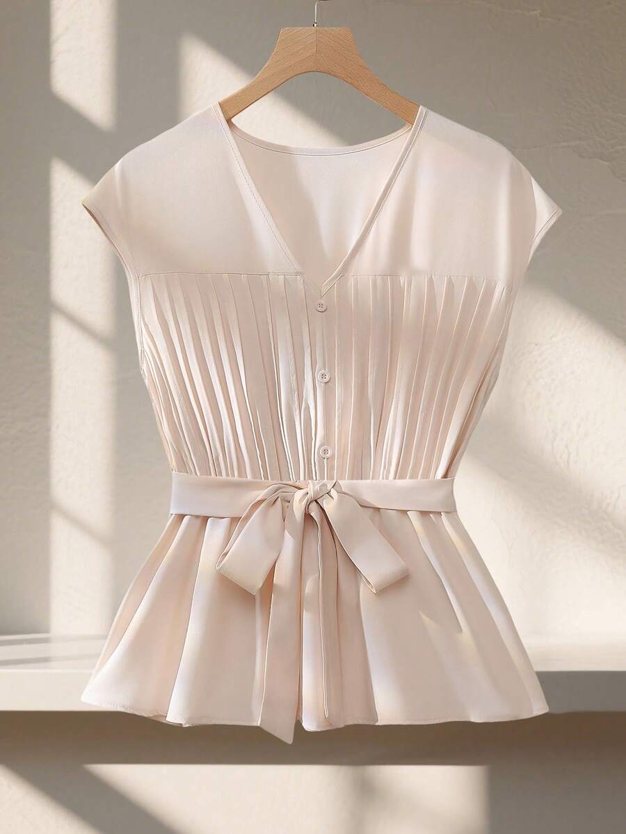 SHEIN Clasi Blusa sin mangas de cintura fruncida con abertura delantera, ropa de oficina/trabajo