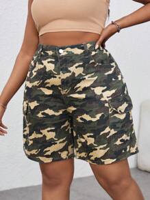 SHEIN PETITE CURVE 加大码女式迷彩牛仔宽松直筒百慕大短裤夏季女士度假女式牛仔西部装 - 軍綠色 - 查看 4