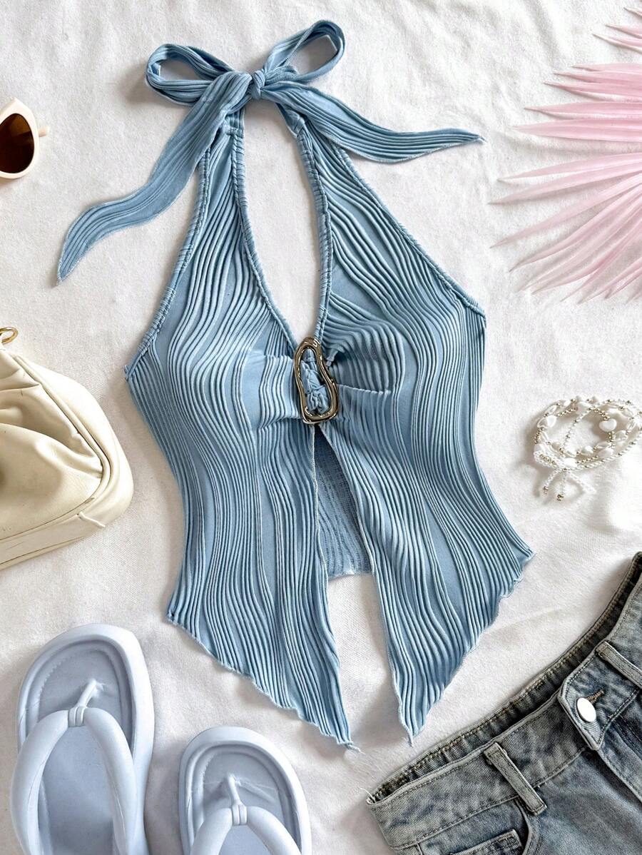 Soleia 休闲系带金属扣合身不对称下摆吊带背心 - 藍色 - 查看 1