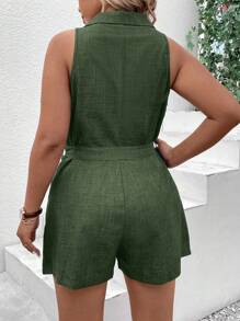 Linhara Kích thước lớn Màu thuần Không tay Romper - xanh quân đội - Xem 2