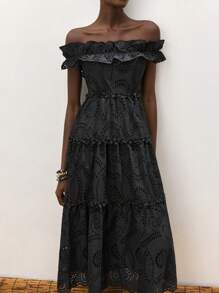 Maija 女式黑色花卉刺绣纹理面料荷叶边露肩松紧腰 A 字长裙，时尚优雅波西米亚风夏季海滩度假长裙 - 黑色 - 查看 2