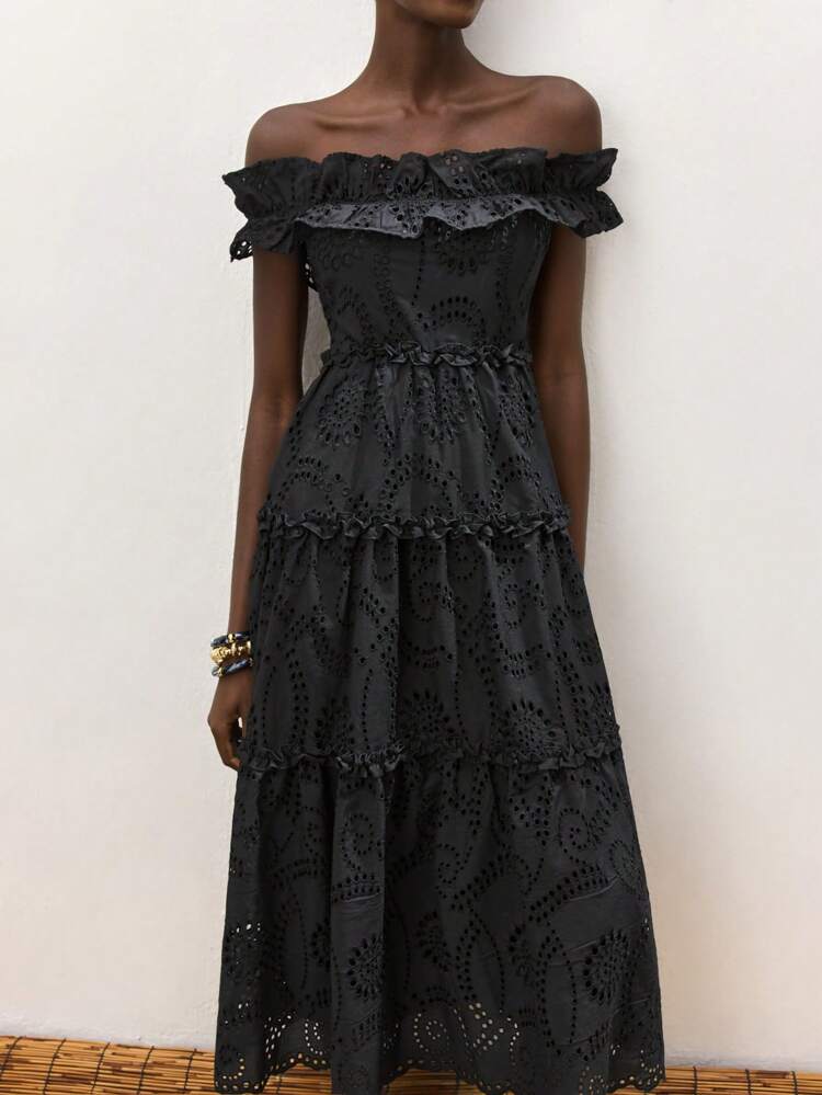 SHEIN Maija Women's Black Floral Embroidered Textured Fabric Ruffled Off Shoulder Elastic Waist A-Line Maxi Dress, Fashion Elegant Bohemian Summer Beach Holiday Long Dress Women Dresses Birthday Woman S Summer Clothes Summer Dresses For Women Black Dress