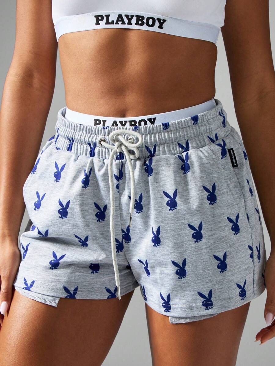 Missguided x Playboy 运动休闲慢跑短裤兔子印花图案抽绳松紧腰跑步休闲夏季运动服 - 灰色 - 查看 1