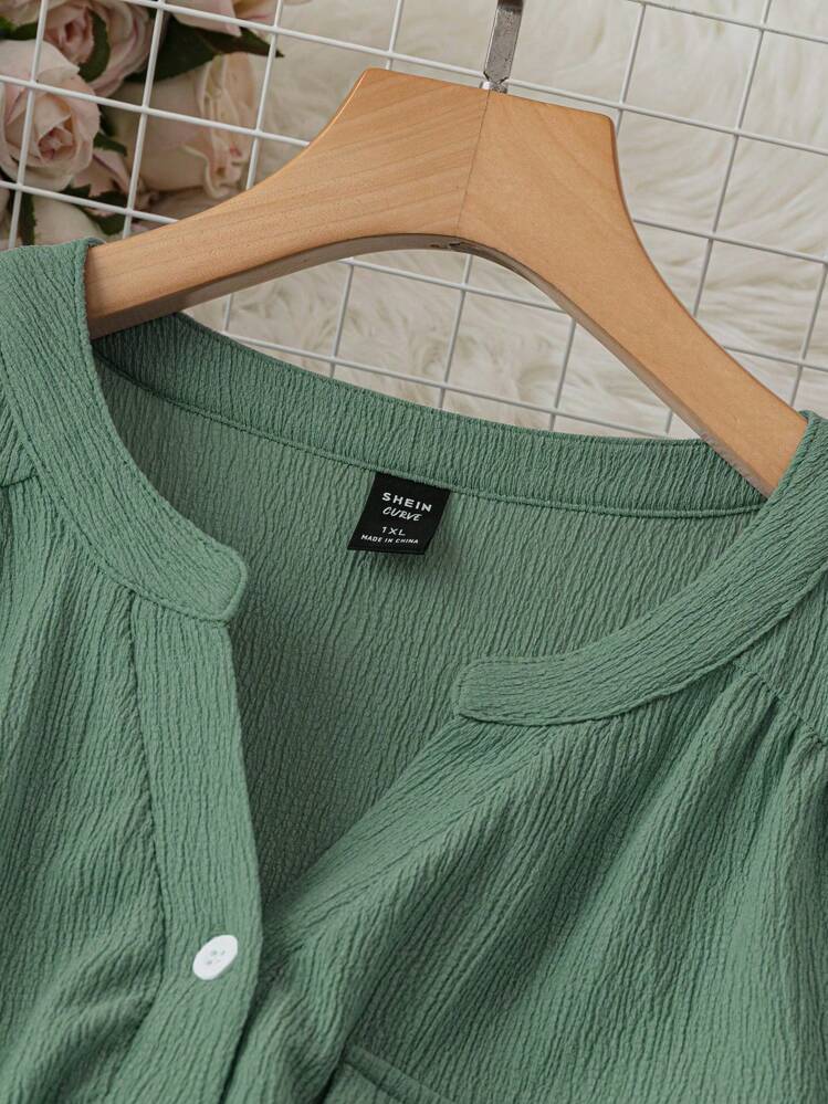 DreamSkyne Áo sơ mi tay cuộn trơn thường ngày/công sở cỡ lớn - màu xanh lá - Xem 3