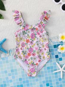 SHEIN Young Girl Ditsy Floral Ruffled Crew Neck One-Piece Swimsuit - Baby Pink - View 3