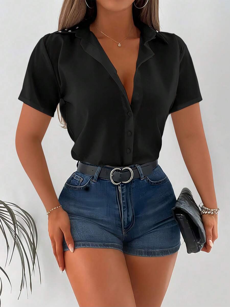 INAWLY Women's Solid Color Short Sleeve Single-Breasted Rhinestone Casual Shirt - Black - View 1