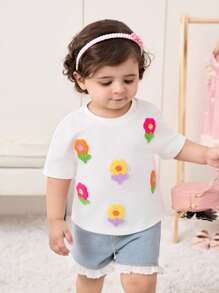 SHEIN Camiseta de punto de manga corta casual con estampado floral lindo para bebé niña, versátil para el verano - Blanco - Ver 5