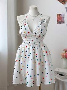 Flirla Plus Size Polka Dot Print Halter Backless Casual Summer Dress - White - View 1