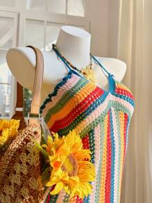 Skyraze 女士条纹微镂空海滩度假连衣裙，夏威夷女装 - 彩色 - 查看 3