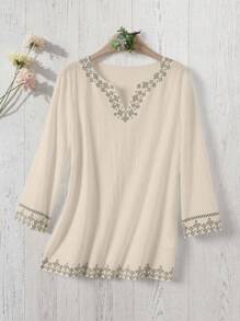 Rusticease 女士度假休闲几何印花缺口领衬衫 - 卡其色 - 查看 5