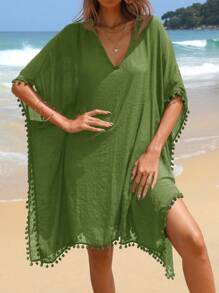 Swim Vcay Vestido cubre con mangas de murciélago y cuello en V de unicolor, atuendo de vacaciones para mujeres - Verde Oliva - Ver 6