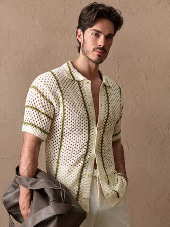 Manfinity ModaGents Herren Urlaubs Lässig Kontrast Streifen Hohlstrick Strickjacke