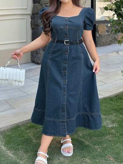 Dazy Plus Dark Washed Blue Square Collar Puff Sleeve Fitted Maxi Denim Dress, Spring/Summer