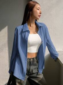 DAZY 女士长袖宽松休闲纯色衬衫，秋装 - 藍色 - 查看 4