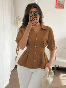 Franclia 女士优雅短袖衬衫 T 恤，修身收腰泡泡袖衬衫上衣 - 棕色 - 查看 3