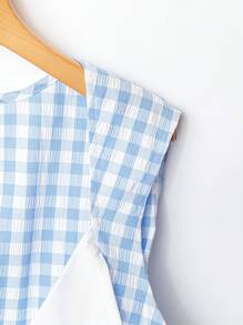 Flirla 大码夏季休闲格子拼色修身清爽衬衫 - 藍色 - 查看 3
