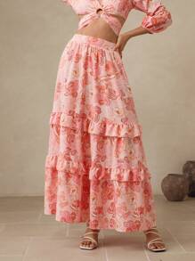Swim Oasis Women's Multi-Layer Frill Trim A-Line Floral Print Skirt Fall Cloth For Women - Pink - View 4