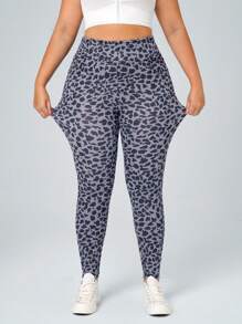 SHEIN Essnce Plus Size Denim Texture Knit Sports Style Leggings - Multicolor - View 6
