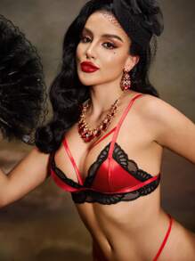 SHEIN Bra Lingerie Tanpa Jahitan Tanpa Kawat dengan Renda Kontras untuk Wanita - Hitam - View 3