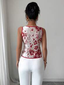 Elenzga Camisa con apertura frontal y detalle de lazo en tela de jacquard elegante - Rojo - Ver 2